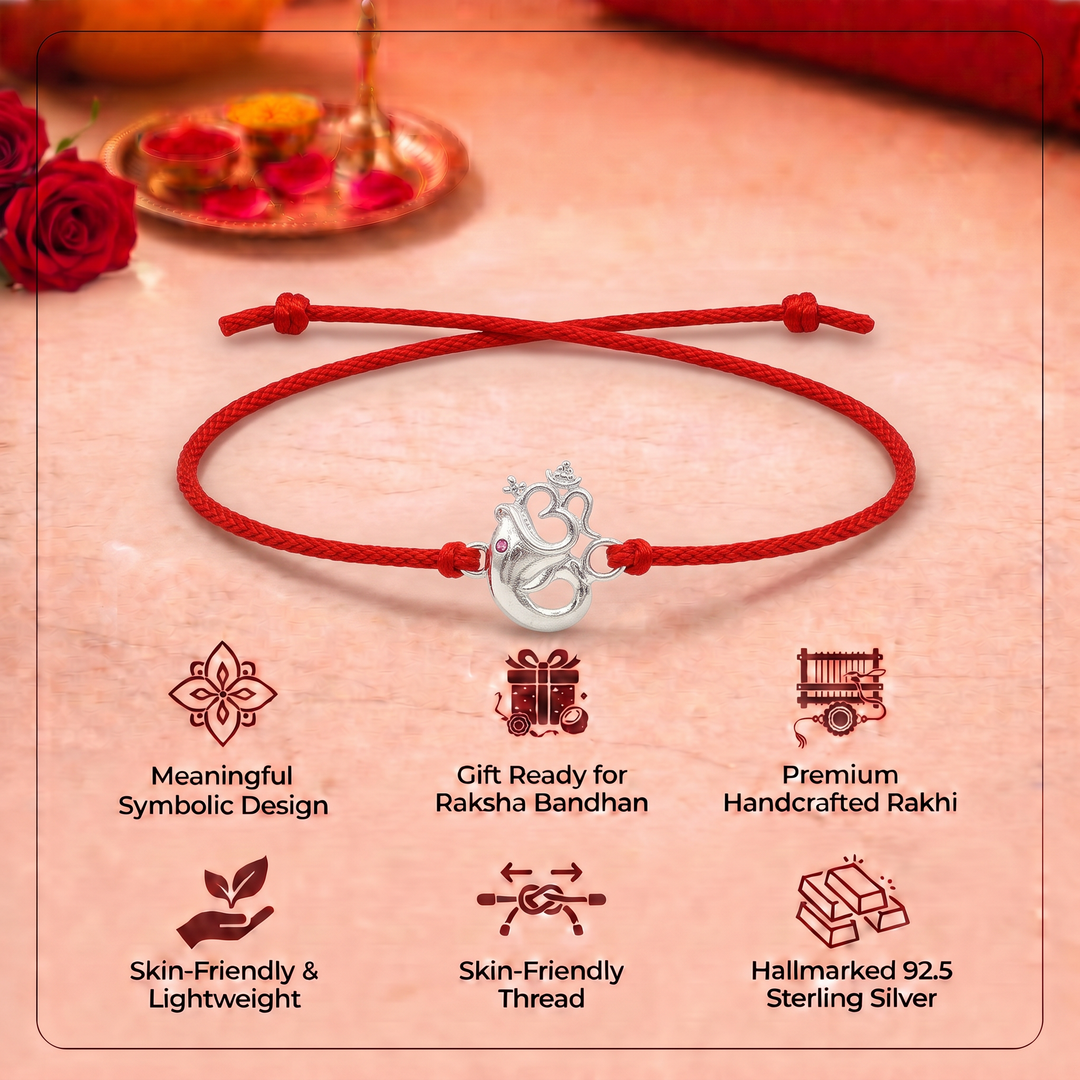Pure 92.5 Silver Om Ganpati Rakhi with Chandan Tilak Set