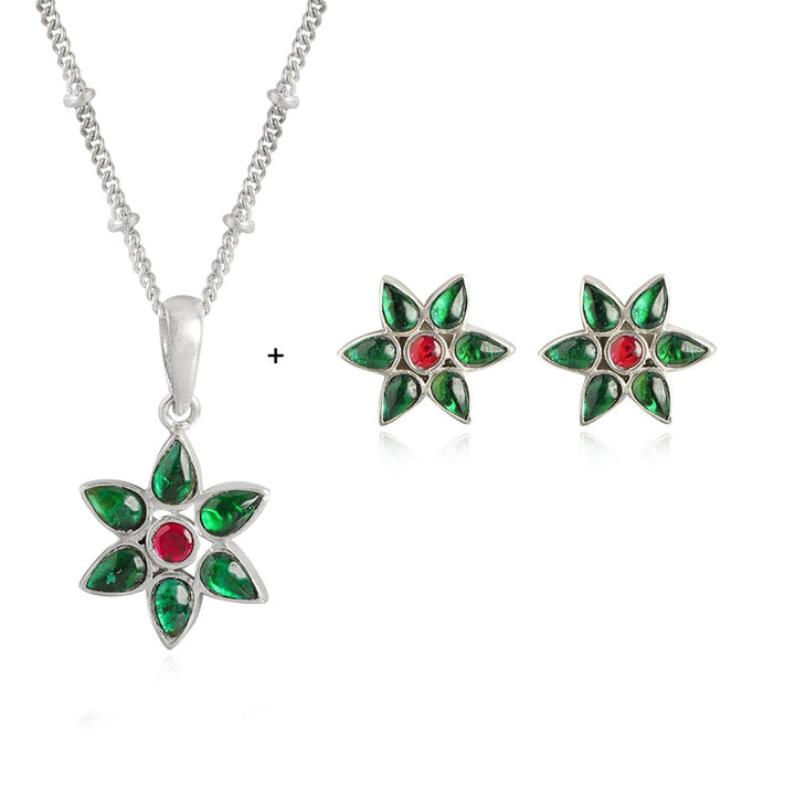 92.5 Silver Green Kundan Flower Stud Earrings