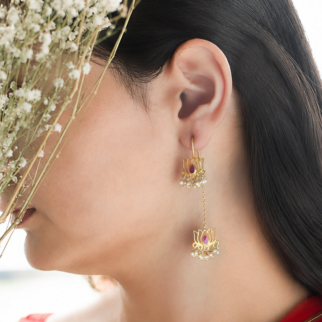925 Sterling Silver Double Lotus Sui Dhaga Earring