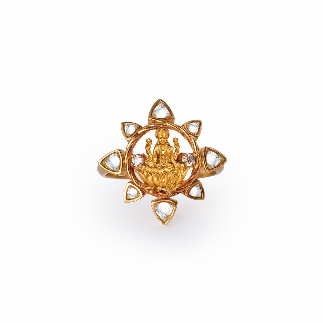 Silver 925 Dhan Lakshmi Kundan Lotus Statement Ring