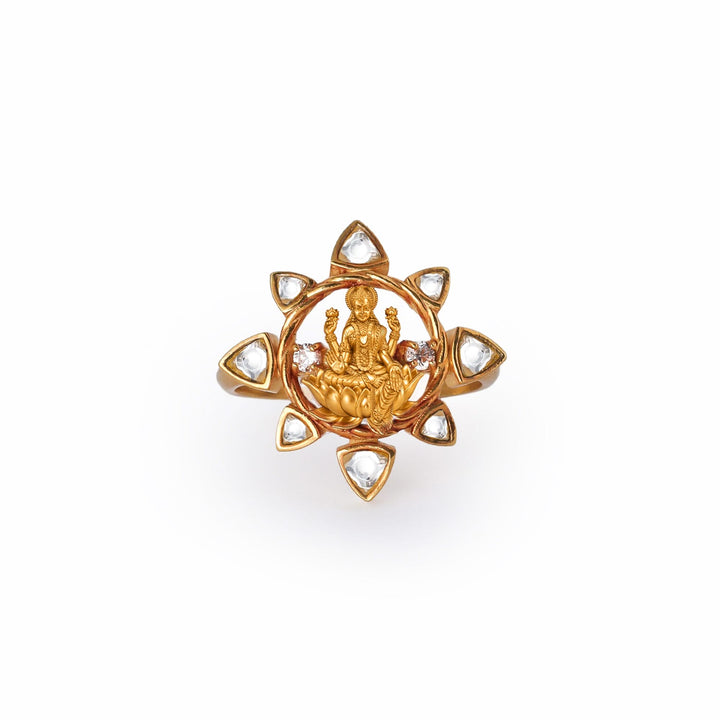 Silver 925 Dhan Lakshmi Kundan Lotus Statement Ring