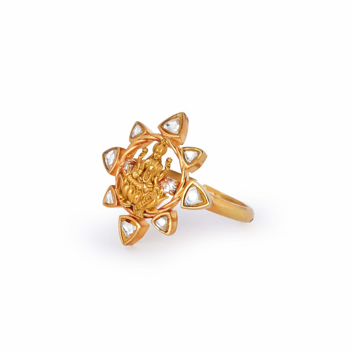 Silver 925 Dhan Lakshmi Kundan Lotus Statement Ring