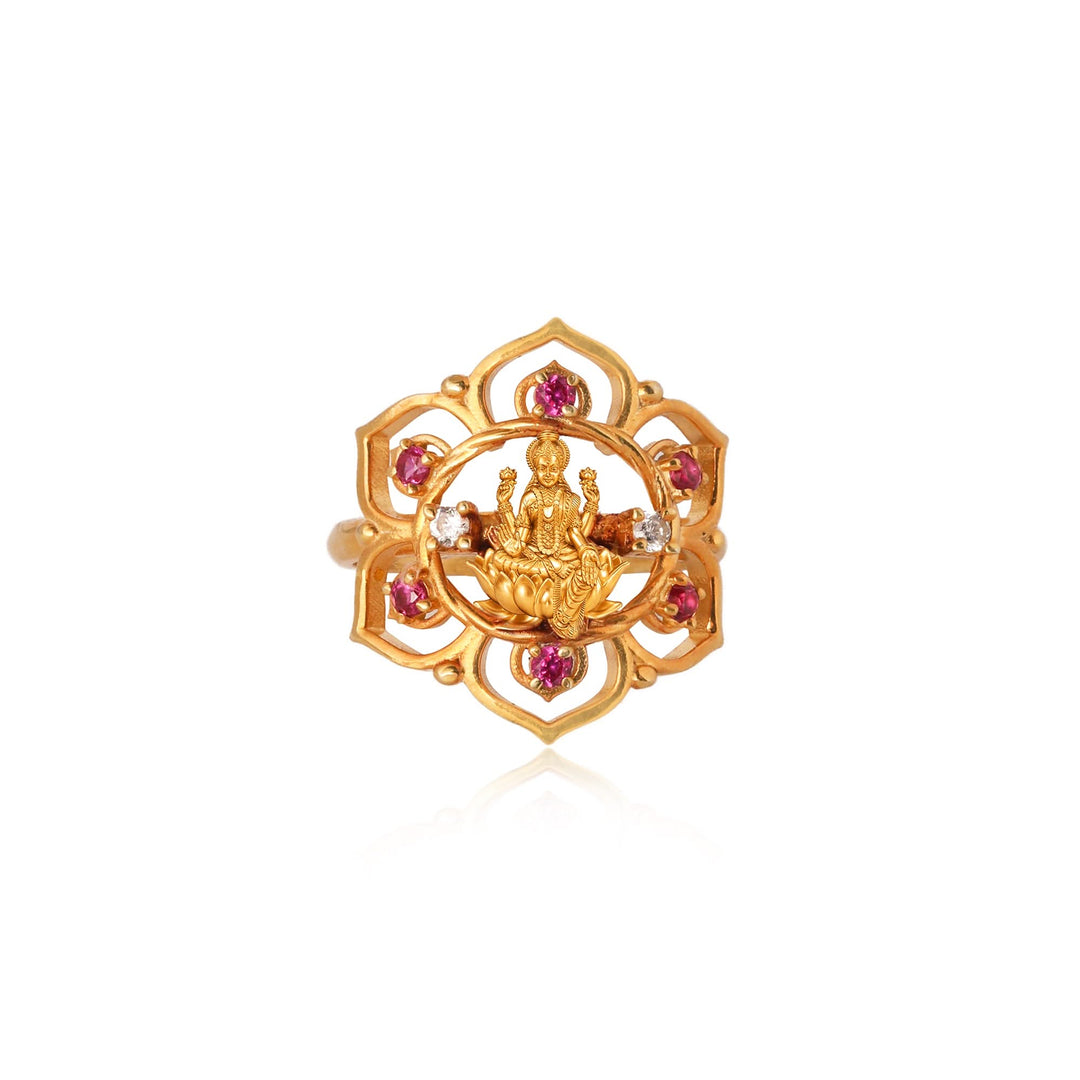 Silver 925 Dhan Lakshmi Ruby Lotus Statement Ring