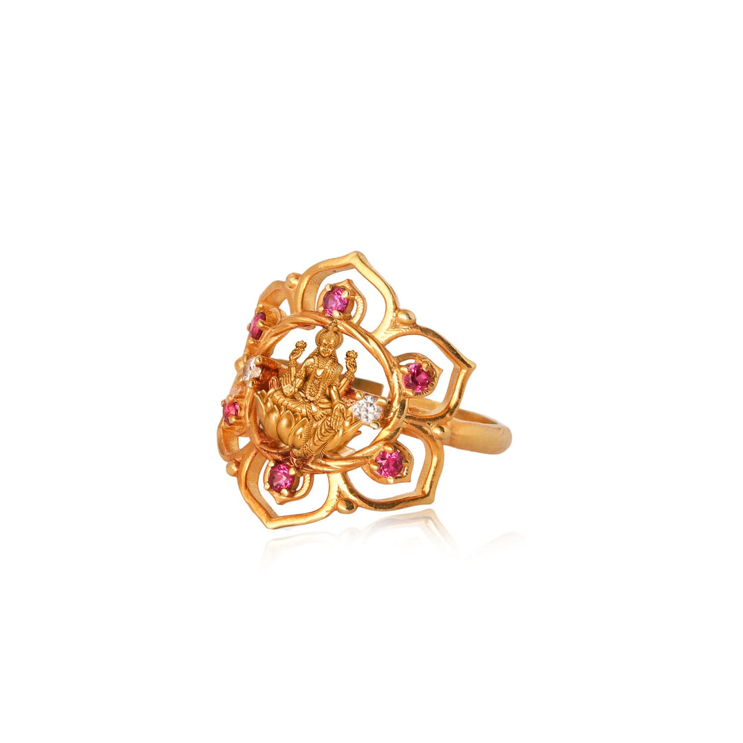 Silver 925 Dhan Lakshmi Ruby Lotus Statement Ring