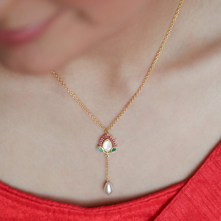 925 Silver Blooming Lotus Kundan Pearl Drop Lariat Pendant
