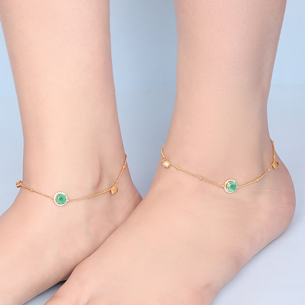 Elegant Green Cut Onyx Silver Anklet