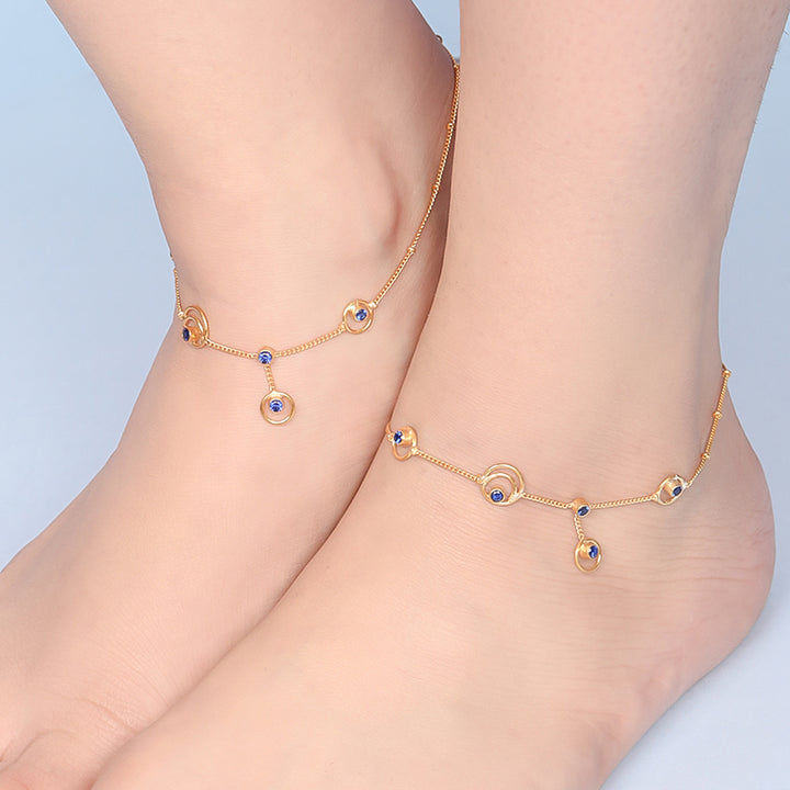 Silver Round Motif With Blue Stone Anklet