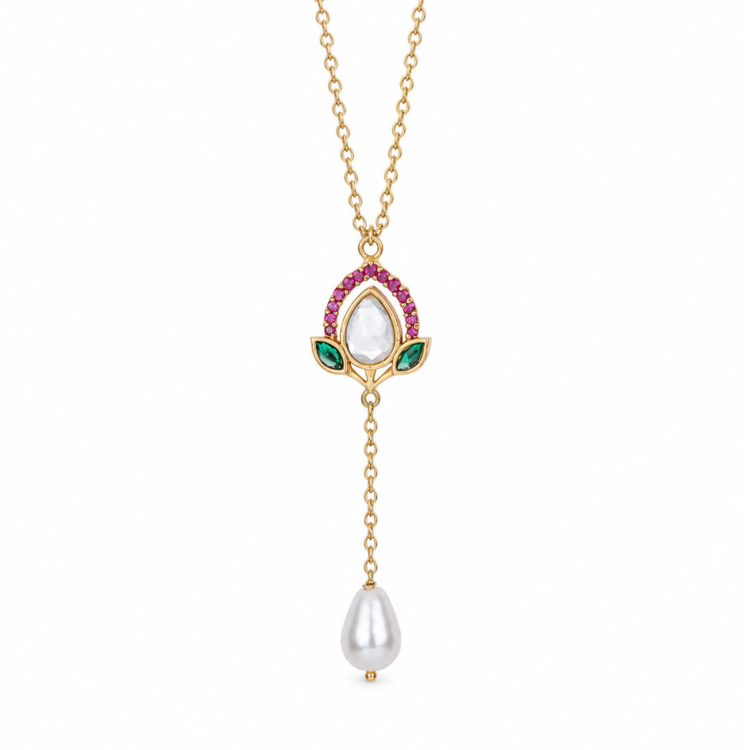 925 Silver Blooming Lotus Kundan Pearl Drop Lariat Pendant