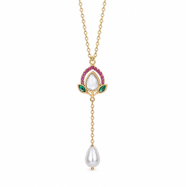 925 Silver Blooming Lotus Kundan Pearl Drop Lariat Pendant