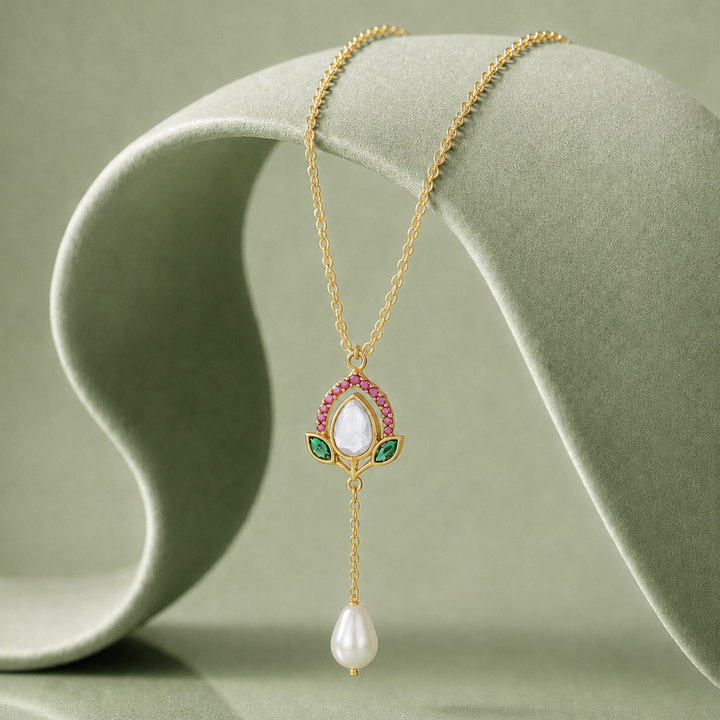 925 Silver Blooming Lotus Kundan Pearl Drop Lariat Pendant