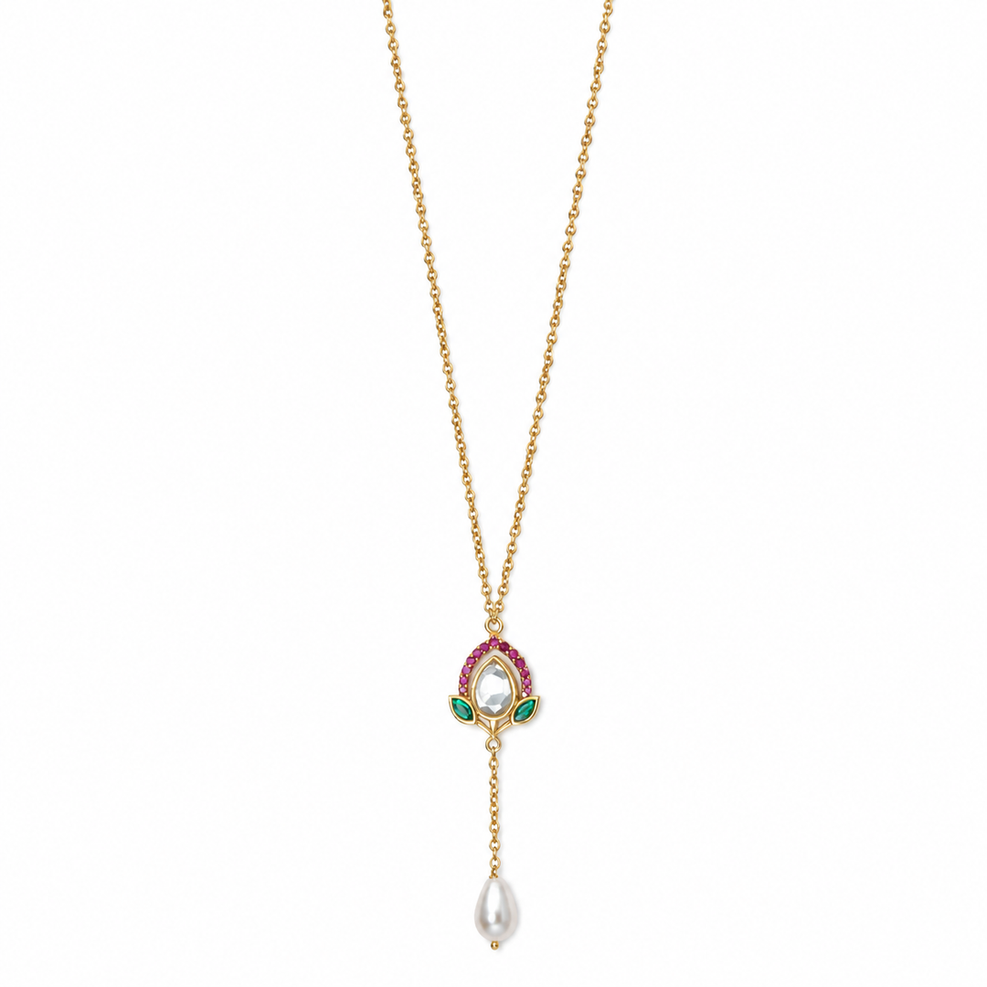 925 Silver Blooming Lotus Kundan Pearl Drop Lariat Pendant