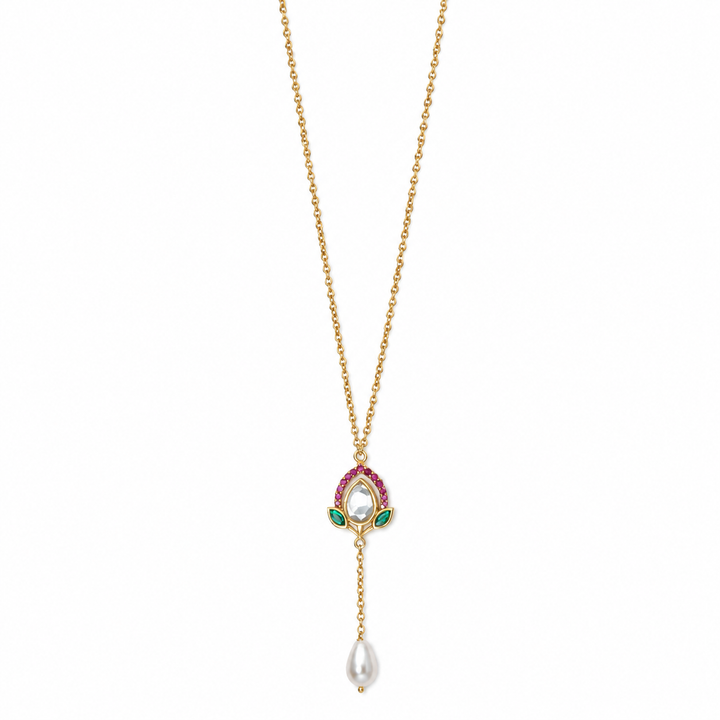 925 Silver Blooming Lotus Kundan Pearl Drop Lariat Pendant