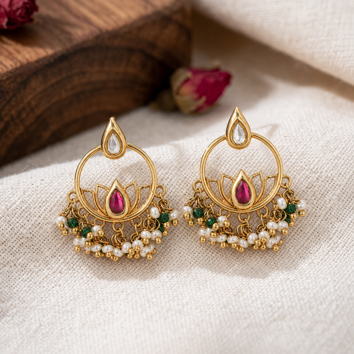 925 Silver Royal Lotus Motif Pearl Cluster Earrings