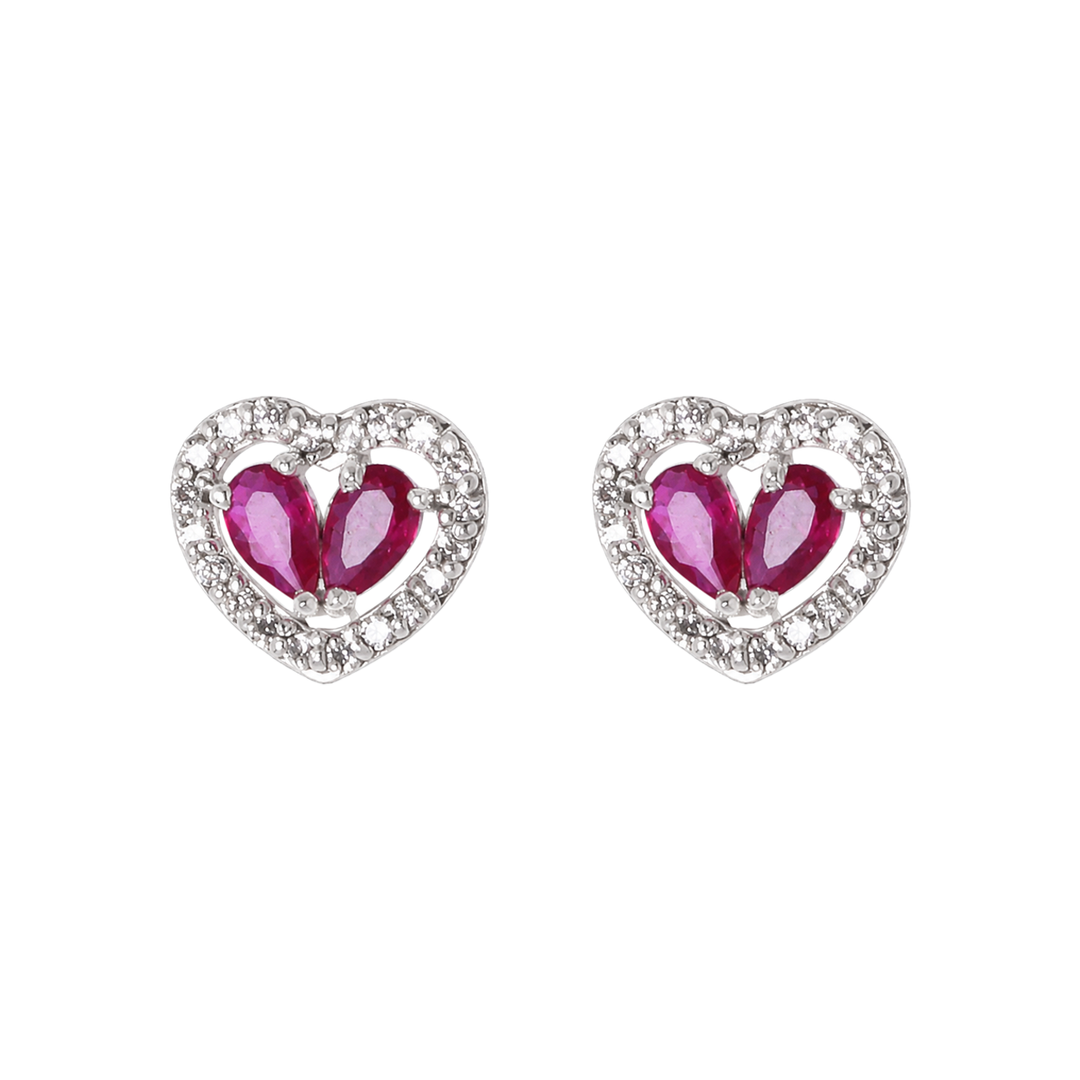 925 Silver Twin Ruby-Hue Heart Halo Earrings
