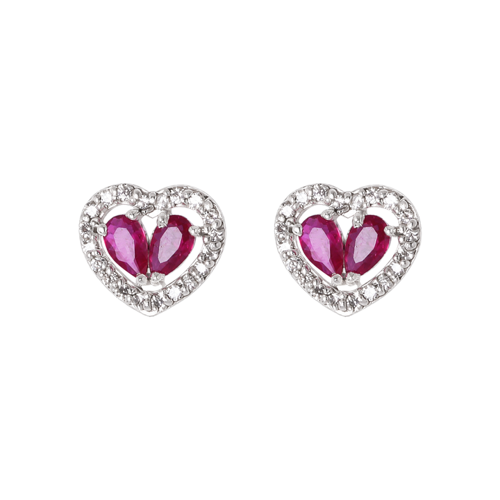 925 Silver Twin Ruby-Hue Heart Halo Earrings