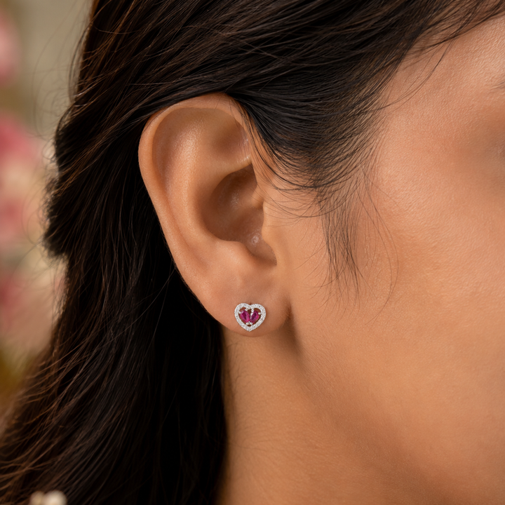 925 Silver Twin Ruby-Hue Heart Halo Earrings