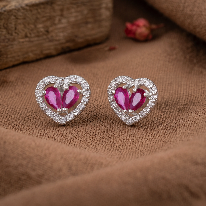 925 Silver Twin Ruby-Hue Heart Halo Earrings