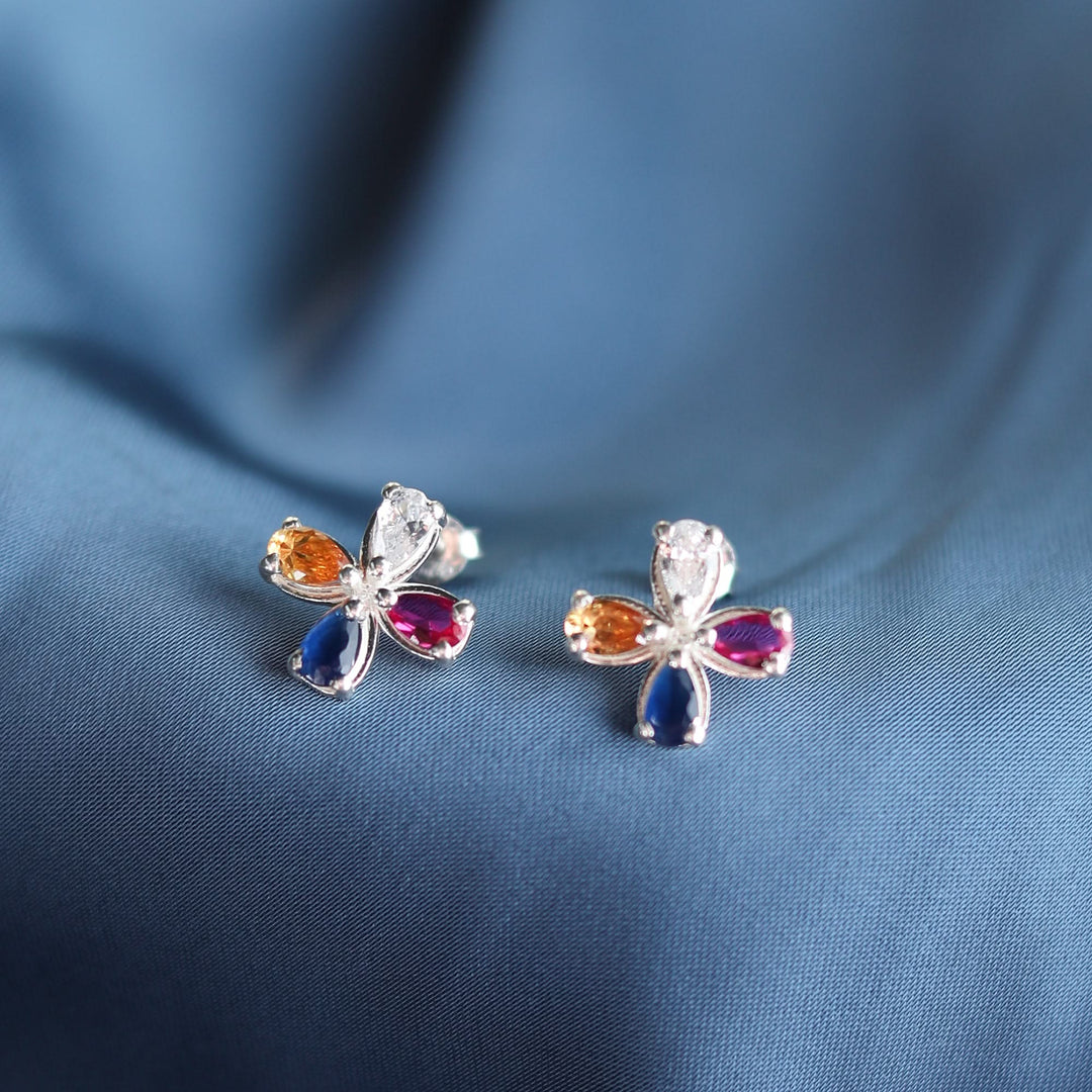 925 Silver Multicolor Gemstone Floral Stud Earrings