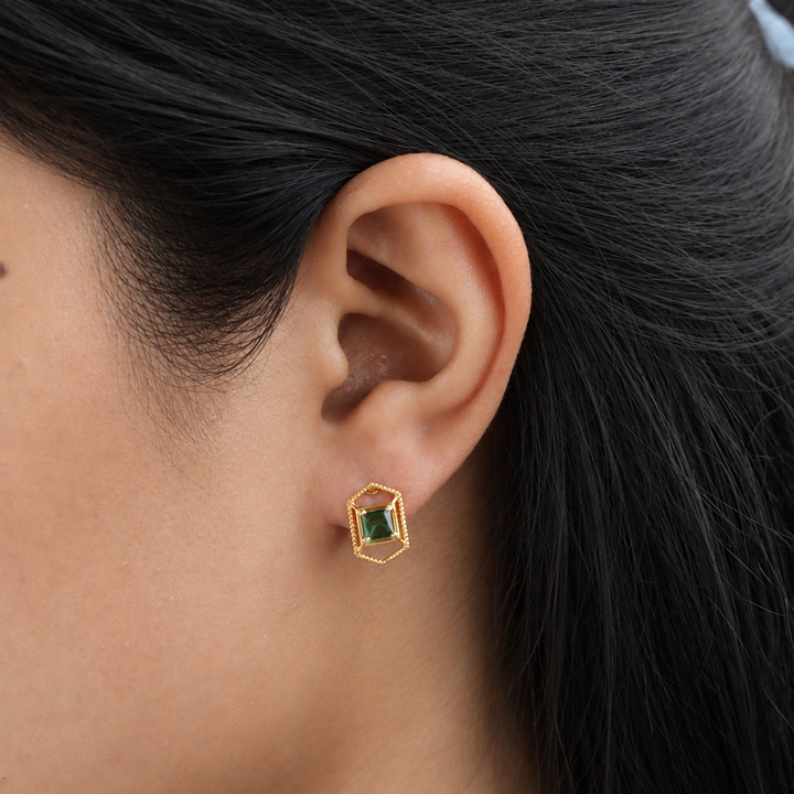 925 Silver Emerald Hexagon Stud Earrings