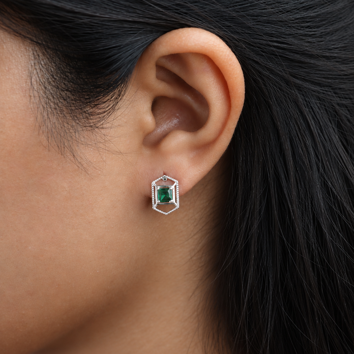 925 Silver Emerald Hexagon Stud Earrings