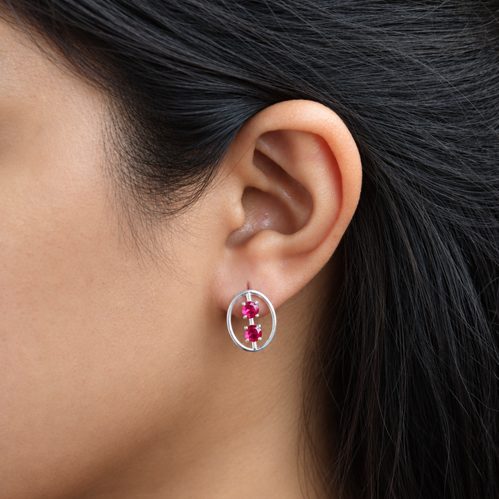 925 Silver Dual Motif Ruby Drop Earrings