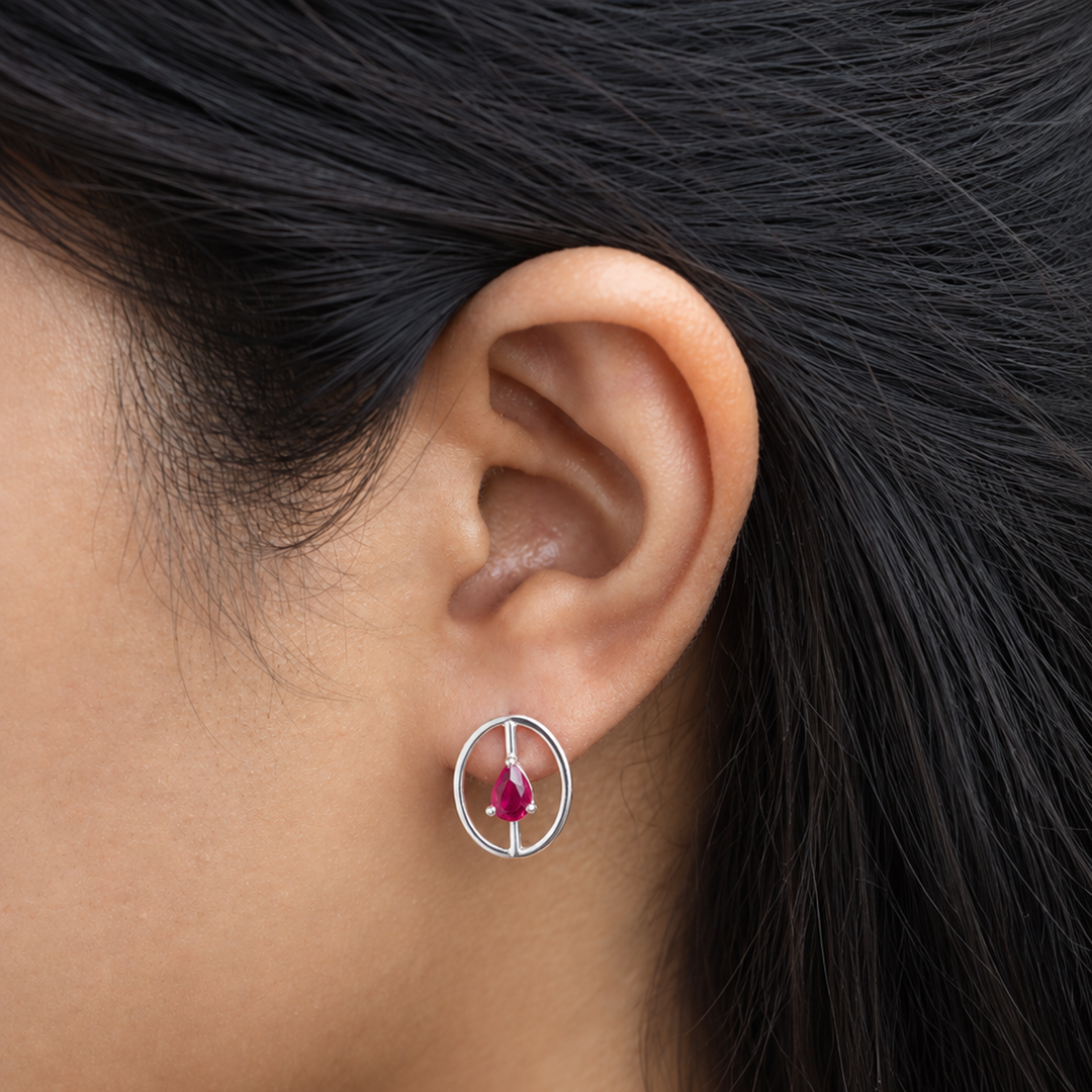 925 Silver Dual Motif Ruby Drop Earrings