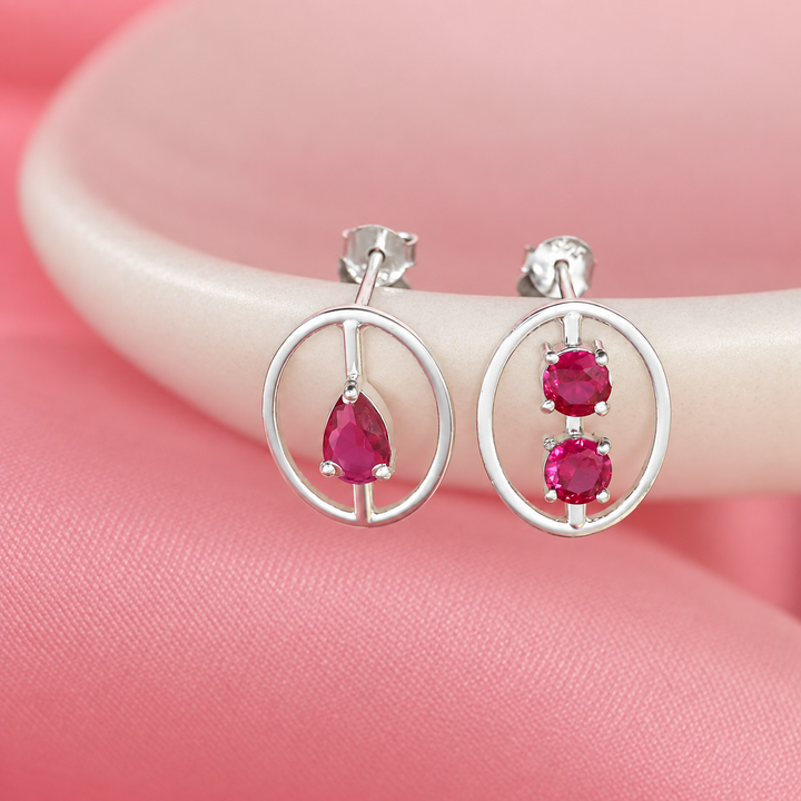 925 Silver Dual Motif Ruby Drop Earrings