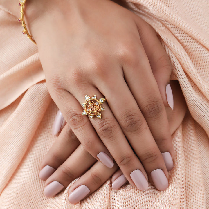 Silver 925 Dhan Lakshmi Kundan Lotus Statement Ring