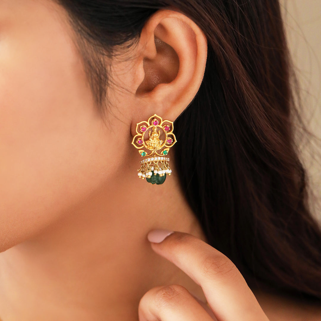 Silver 925 Dhan Lakshmi Lotus Green Drop Earrings