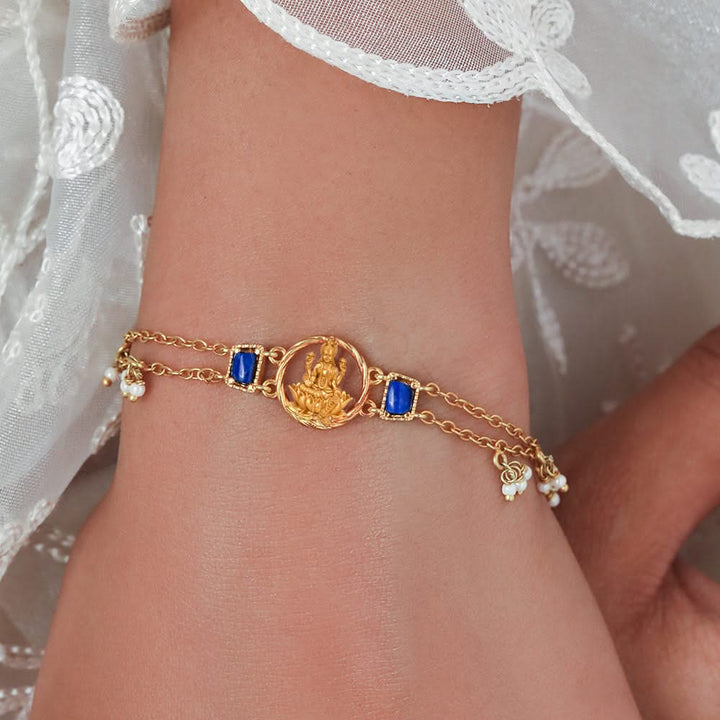 Silver 925 Dhan Lakshmi Lapis Lazuli Pearl Bracelet