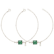 Silver square green anklet
