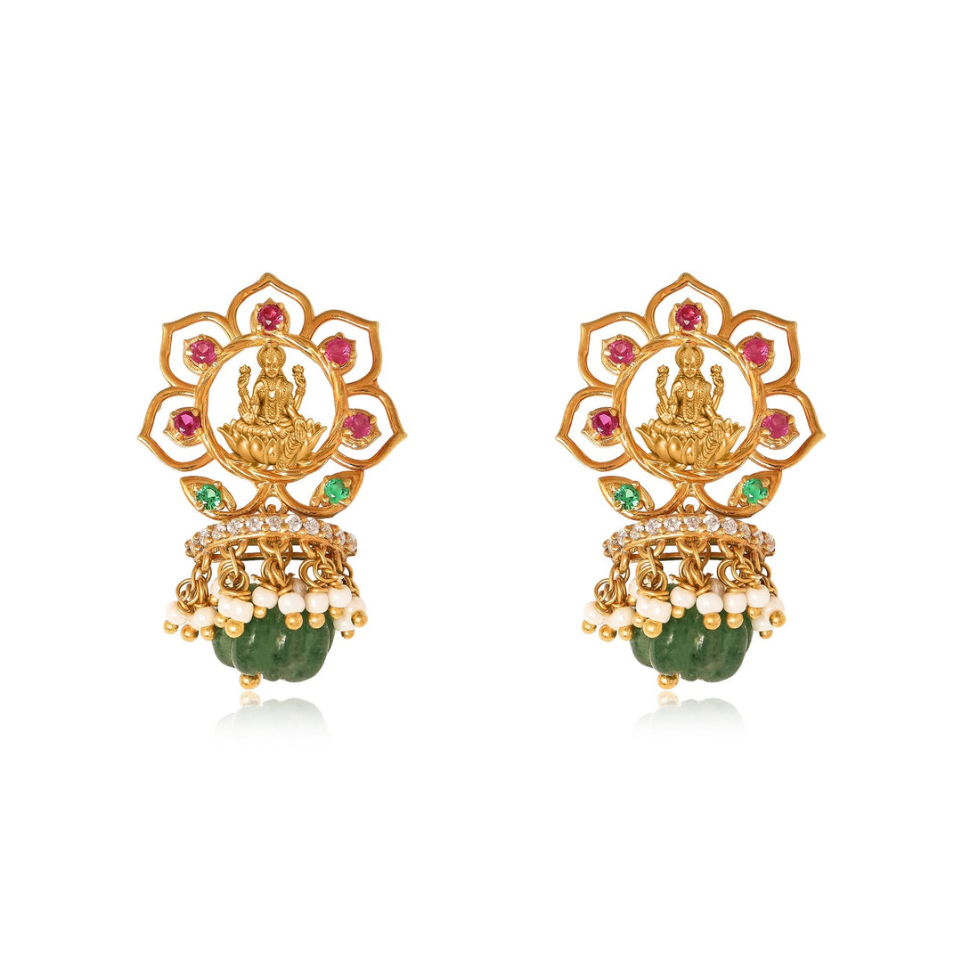 Silver 925 Dhan Lakshmi Lotus Green Drop Earrings