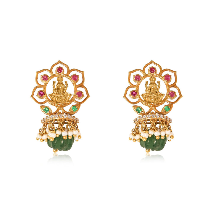 Silver 925 Dhan Lakshmi Lotus Green Drop Earrings