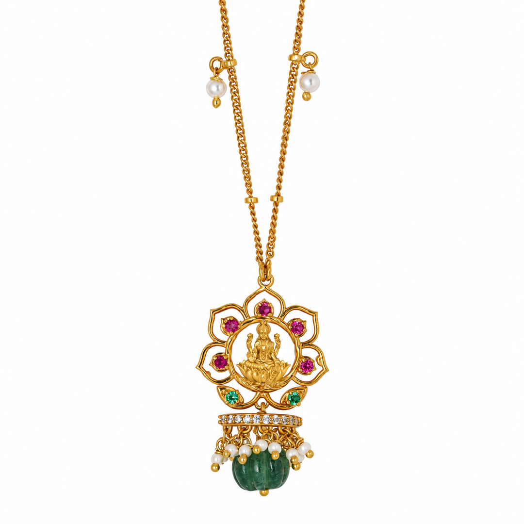 Silver 925 Dhan Lakshmi Lotus Green Drop Pendant Necklace