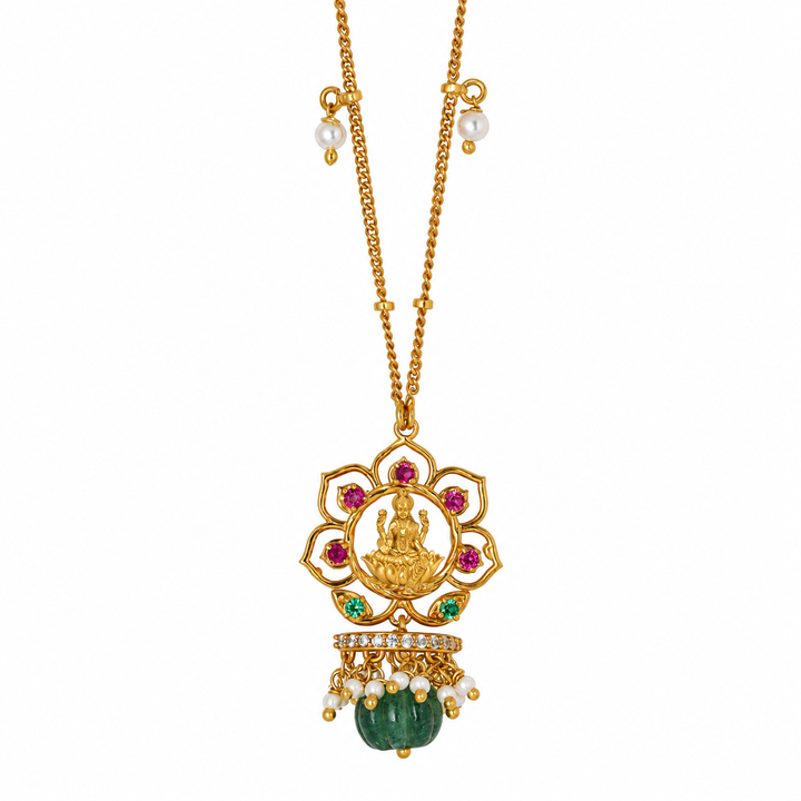 Silver 925 Dhan Lakshmi Lotus Green Drop Pendant Necklace