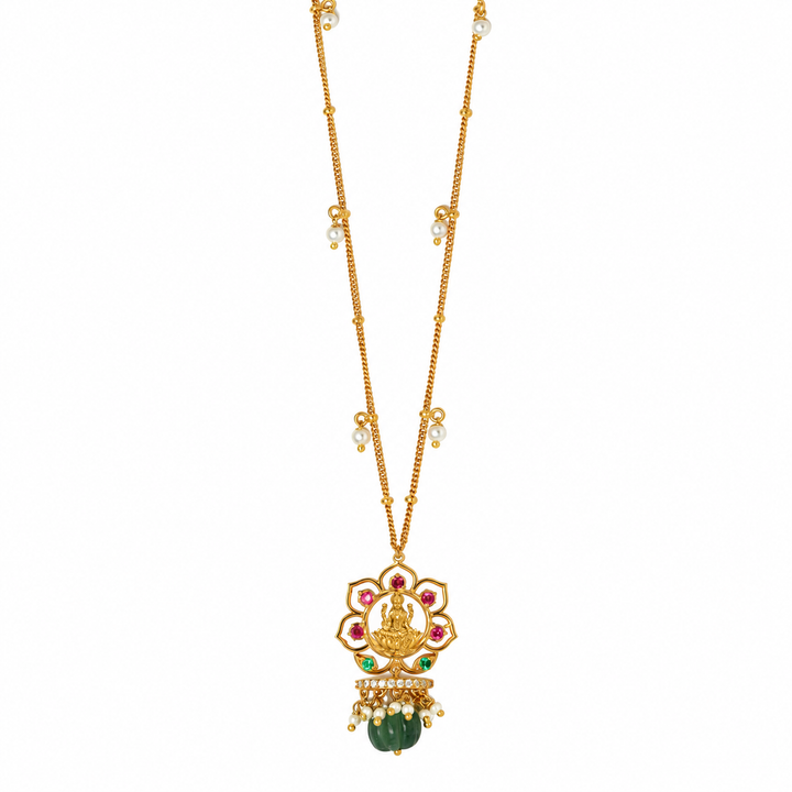 Silver 925 Dhan Lakshmi Lotus Green Drop Pendant Necklace