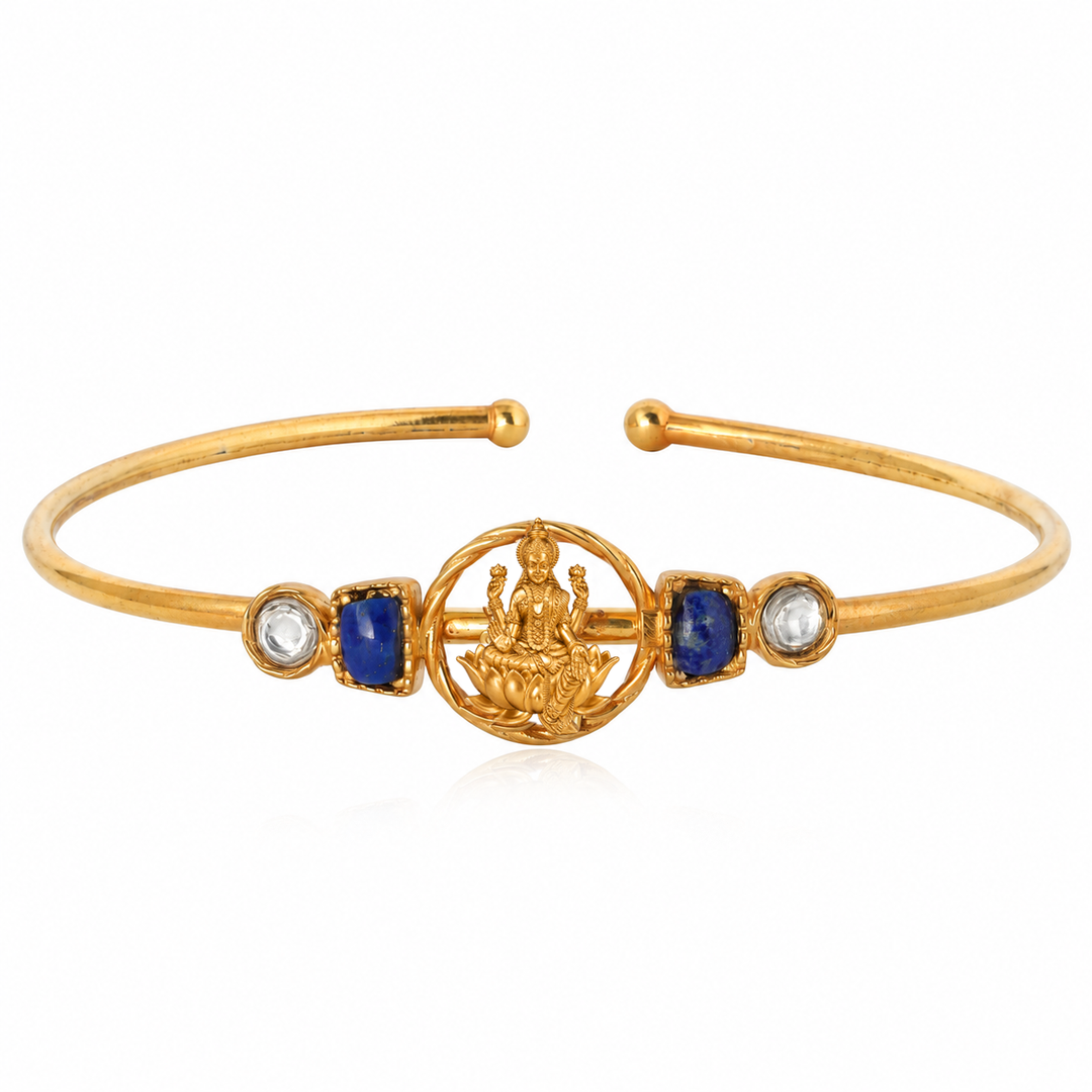 Silver 925 Dhan Lakshmi Lapis Kundan Cuff Bracelet