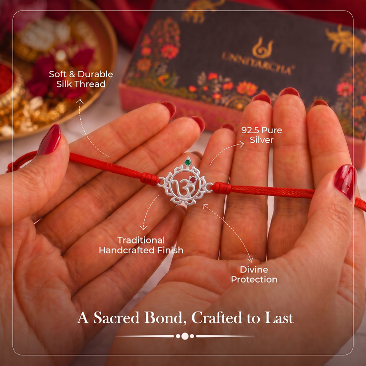 Unniyarcha 925 Pure Silver Om and Sudarshan Chakra Rakhi with Chandan Tilak set