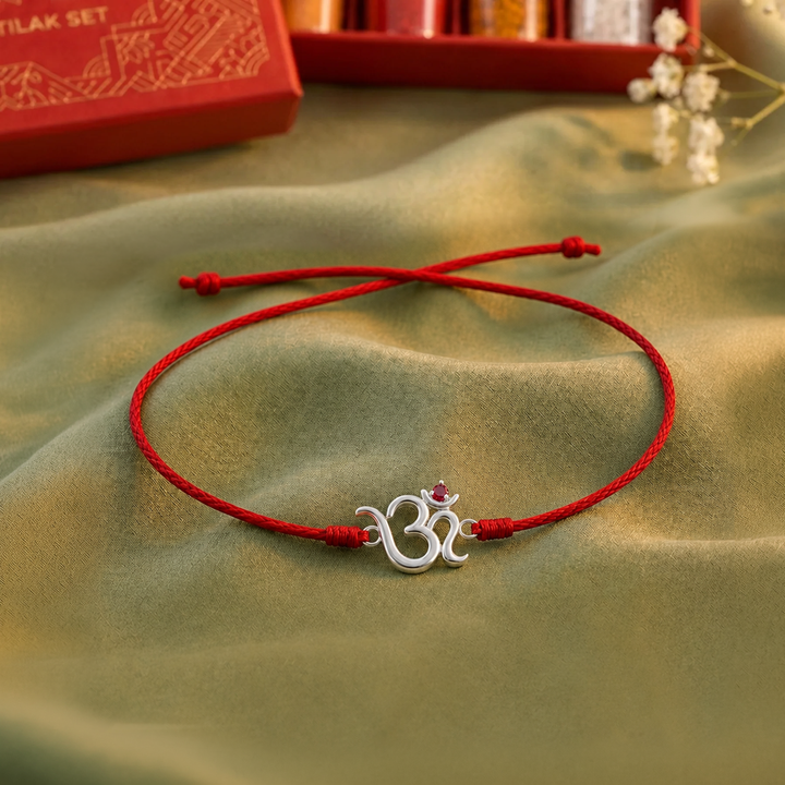 Pure 92.5 Om Silver Rakhi with Chandan Tilak Set