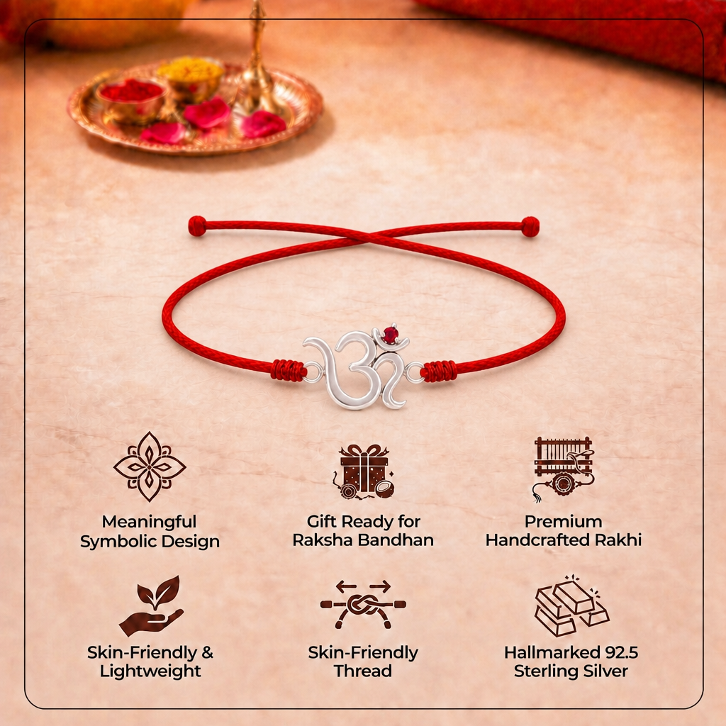Pure 92.5 Om Silver Rakhi with Chandan Tilak Set