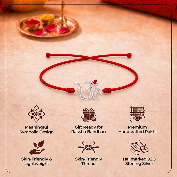 Pure 92.5 Om Silver Rakhi with Chandan Tilak Set