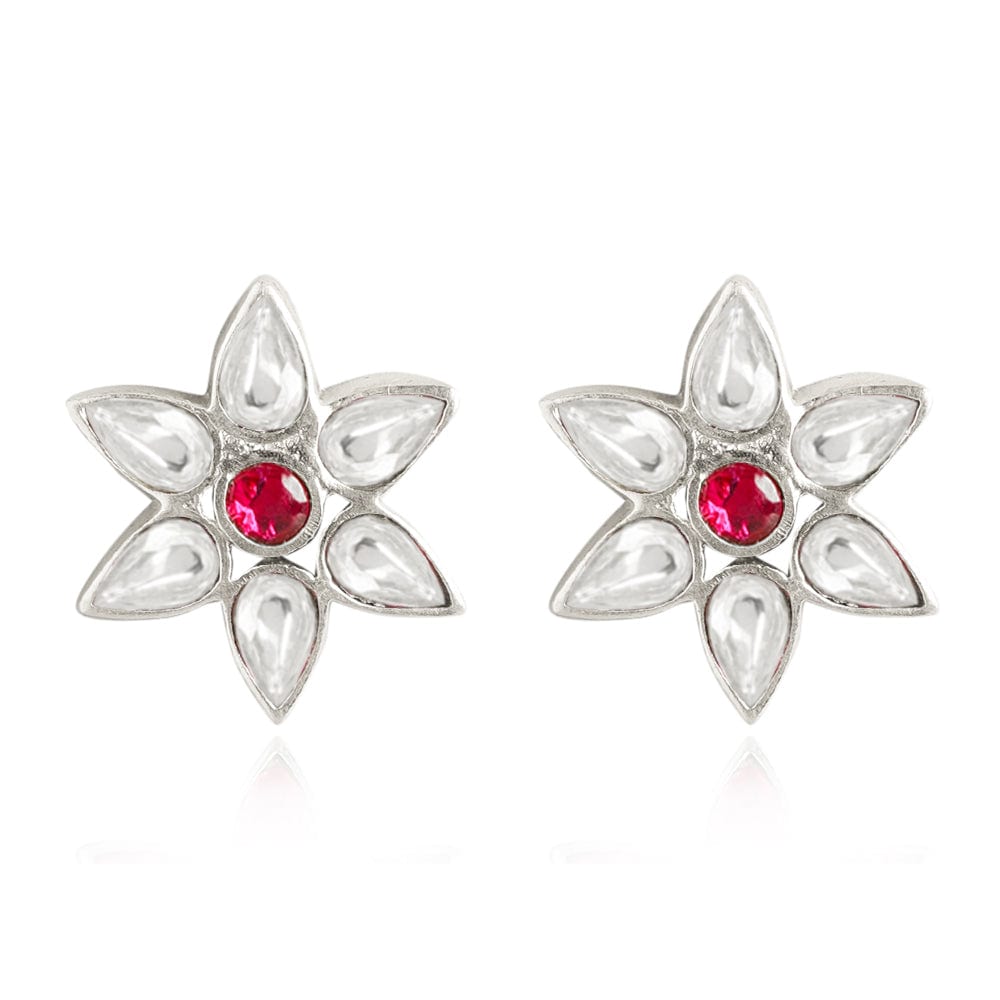 92.5 Silver White Kundan Flower Stud Earrings