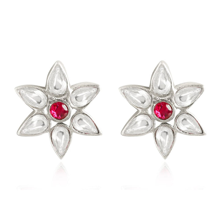 92.5 Silver White Kundan Flower Stud Earrings