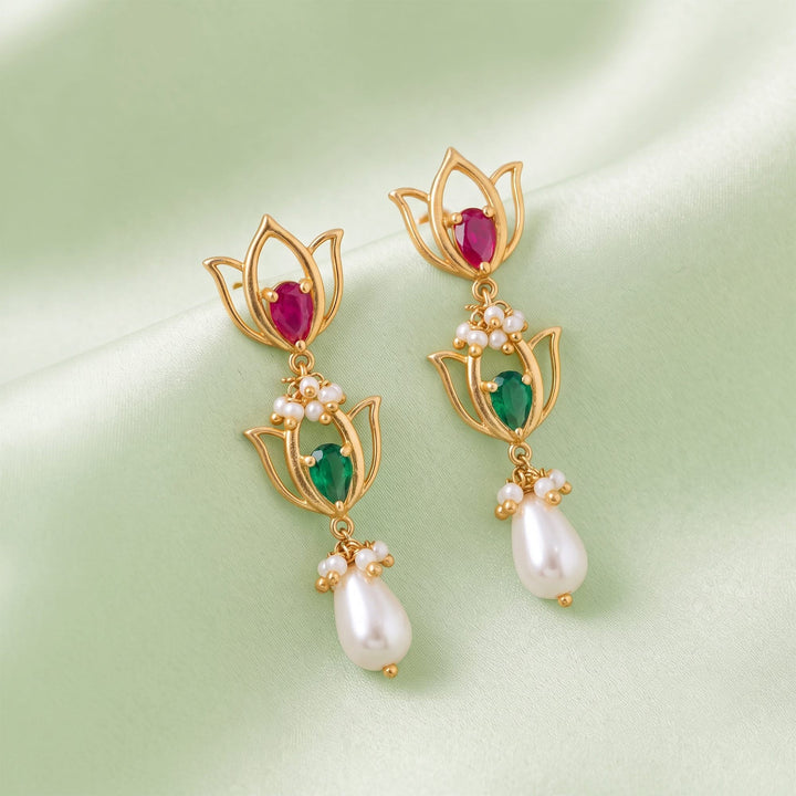 Silver Double Kamal Pearl Drop Earrings