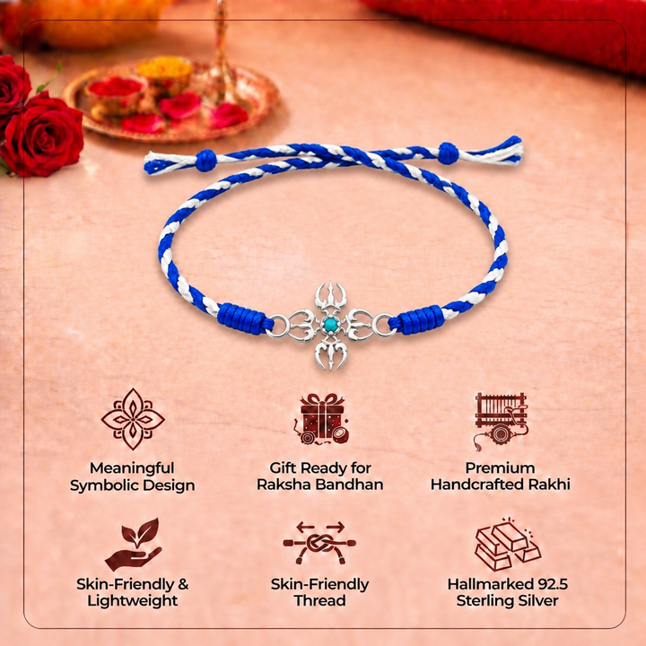 Unniyarcha 925 Pure Silver Trishul Rakhi with Chandan Tilak set