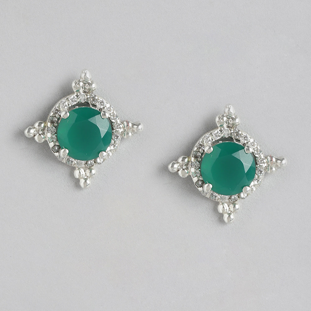 92.5 Silver Green Kundan Chakra Stud Earrings