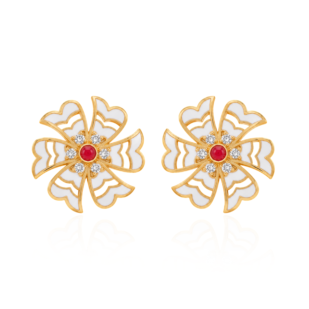 925 Silver Shiuli White Enamel Flower Stud Earrings