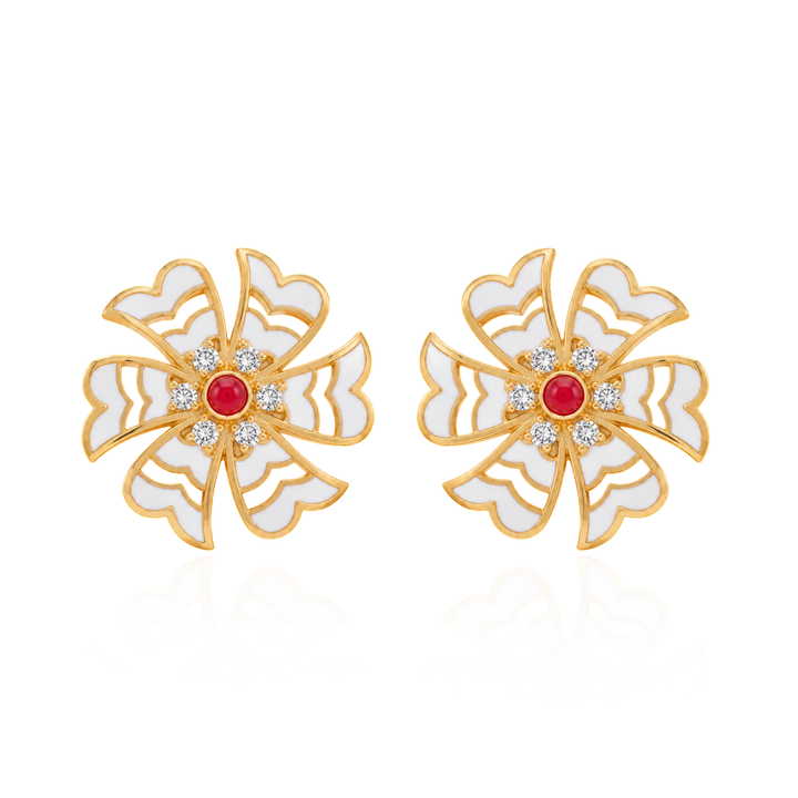 925 Silver Shiuli White Enamel Flower Stud Earrings