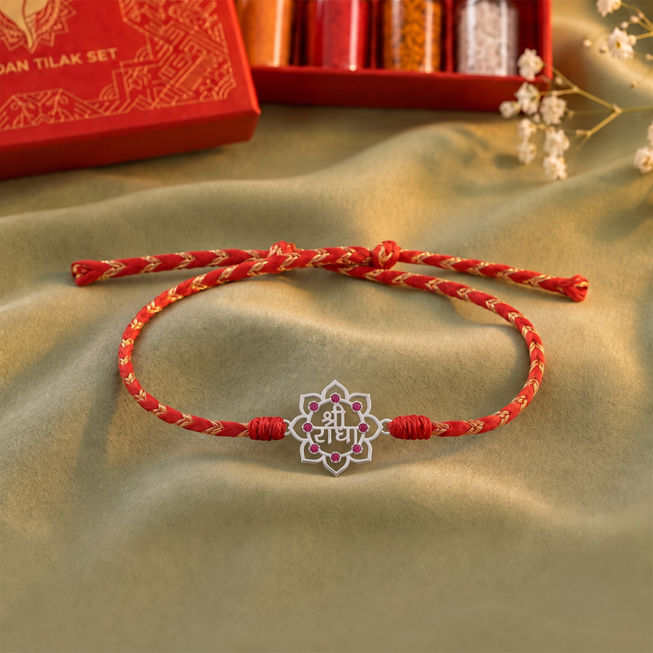 Unniyarcha 925 Pure Silver Shree Radha Rakhi with Chandan Tilak set