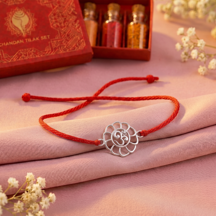 Pure 92.5 Floral Om Silver Rakhi with Chandan Tilak Set